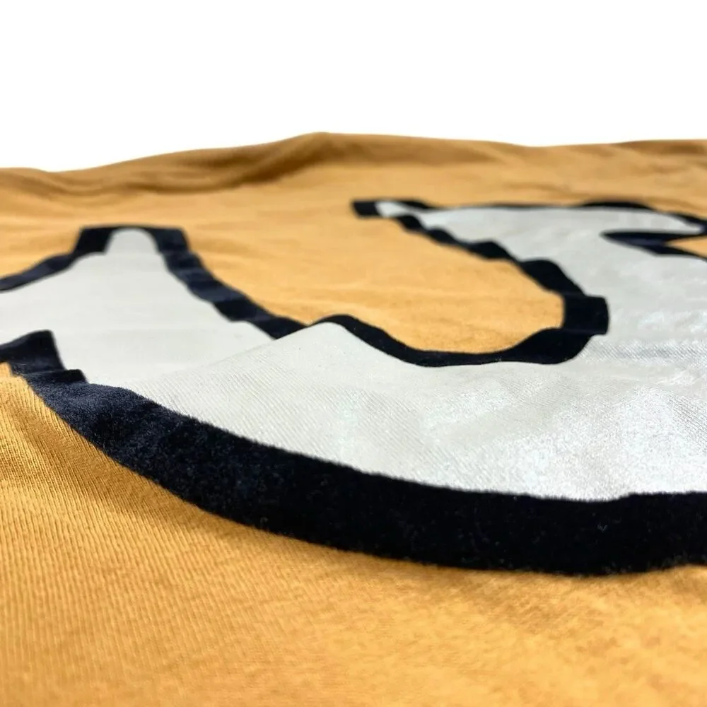 True Religion T Shirt Mens LARGE Orange Long Sleeve Crew Neck Graphic Print Logo